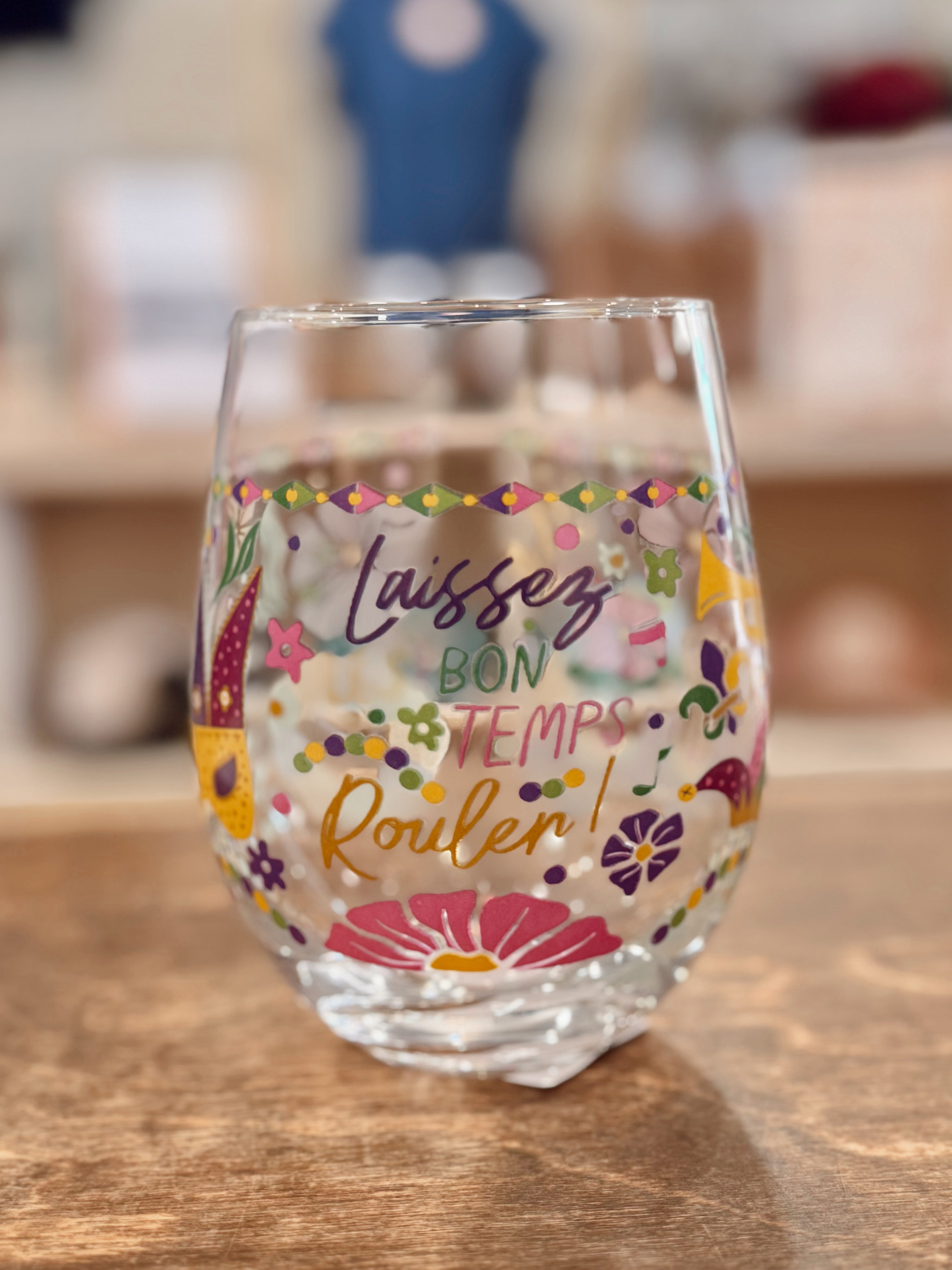 Stemless Wine Glass - Mardi Gras Flowers